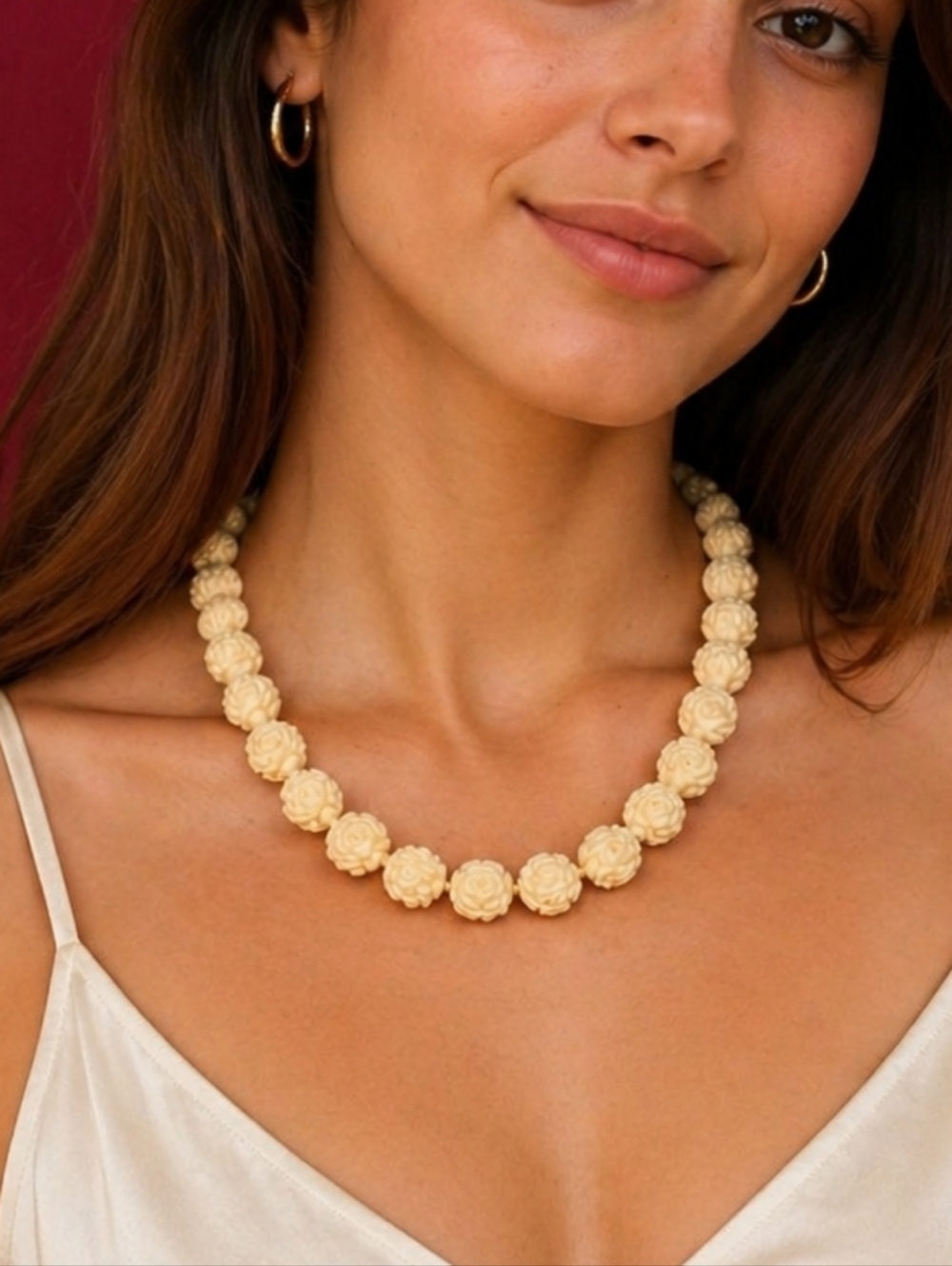 Antique Cream Carved Rose Celluloid Beaded Bridal Necklace